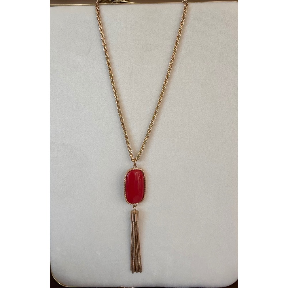 Long tassel necklace Red Cabochon Tassel Pendant Gold Tone Rope Chain